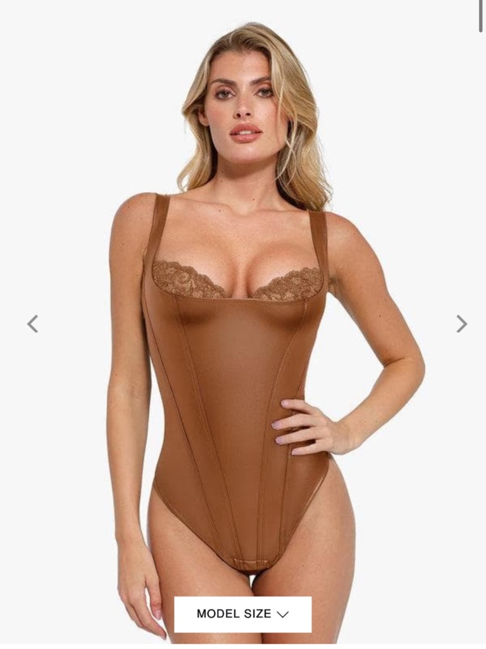 Poplarsh Brown Faux-Leather Corset-Style Bodysuit
